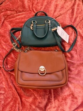 Green Dome Satchel & Brown Leather Crossbody Duo